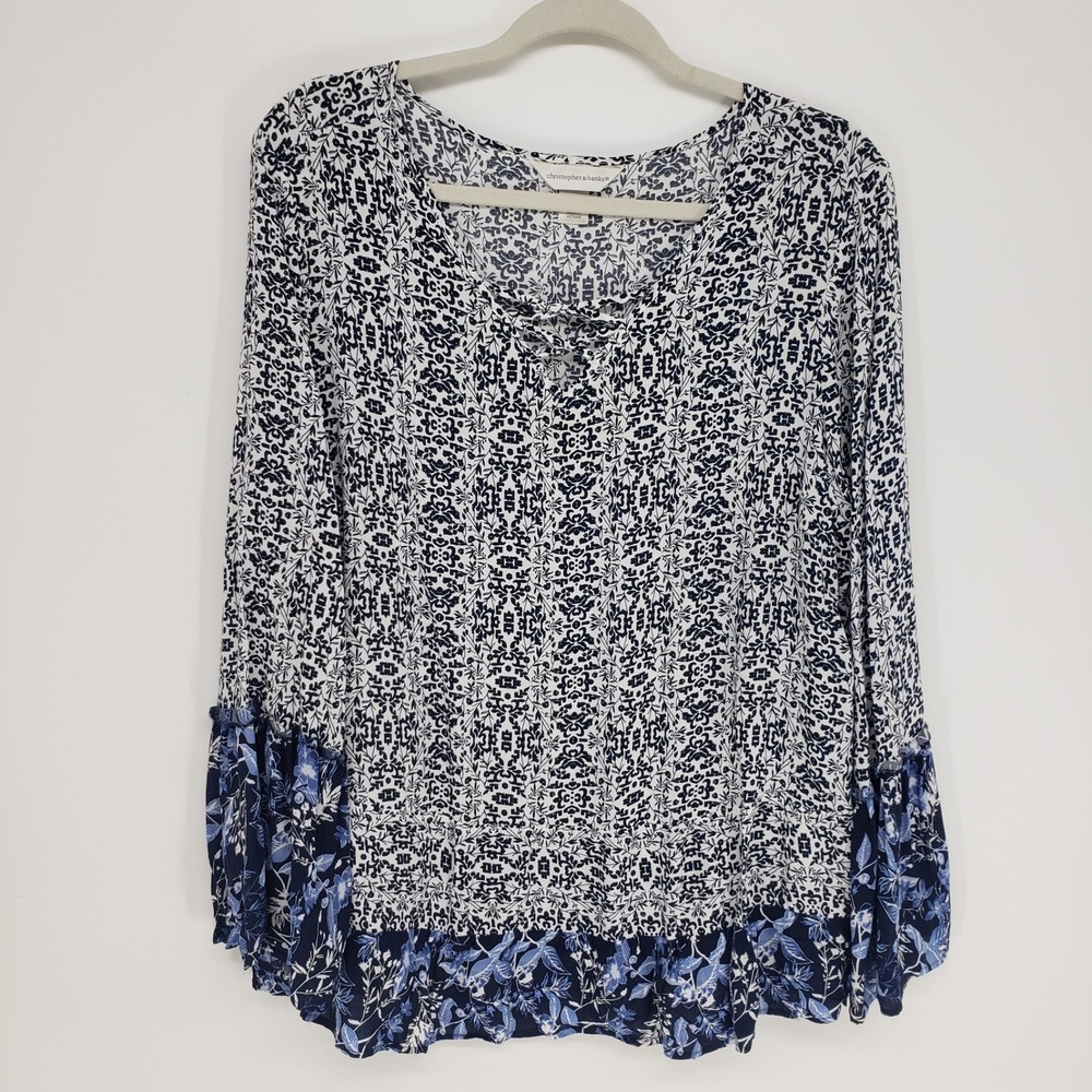 Christopher & Banks Abstract Floral Blouse‎ Women L Blue Lace Up Bell Sleeve Top
